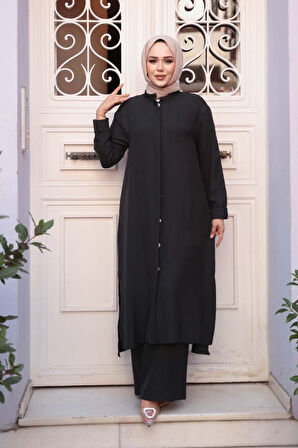 Düğmeli Siyah Tesettür Üçlü Takım 76591S