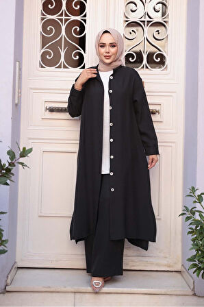 Düğmeli Siyah Tesettür Üçlü Takım 76591S