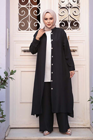 Düğmeli Siyah Tesettür Üçlü Takım 76591S
