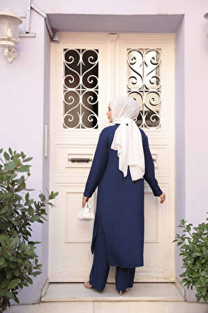 Düğmeli Lacivert Tesettür Üçlü Takım 76591L