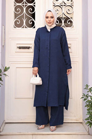 Düğmeli Lacivert Tesettür Üçlü Takım 76591L
