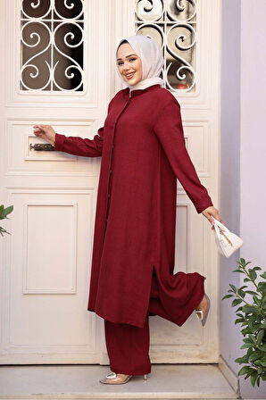 Düğmeli Bordo Tesettür Üçlü Takım 76591BR