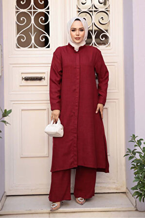 Düğmeli Bordo Tesettür Üçlü Takım 76591BR