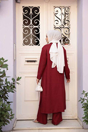 Düğmeli Bordo Tesettür Üçlü Takım 76591BR