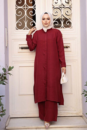 Düğmeli Bordo Tesettür Üçlü Takım 76591BR