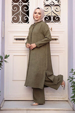 Düğmeli Haki Tesettür Üçlü Takım 76591HK
