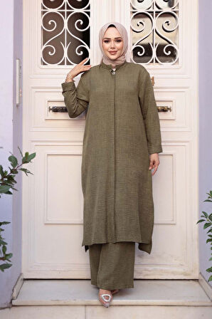 Düğmeli Haki Tesettür Üçlü Takım 76591HK