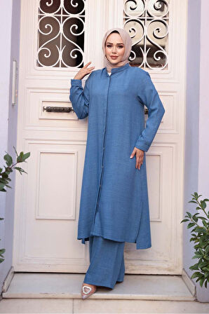 Düğmeli İndigo Mavisi Tesettür Üçlü Takım 76591IM