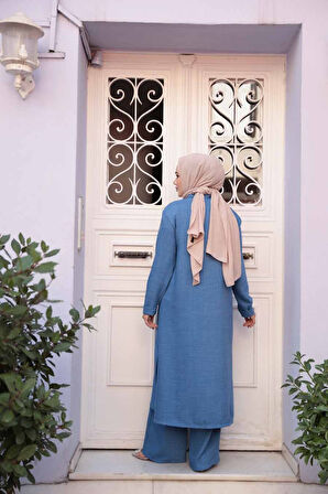 Düğmeli İndigo Mavisi Tesettür Üçlü Takım 76591IM