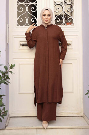 Düğmeli Kahverengi Tesettür Üçlü Takım 76591KH