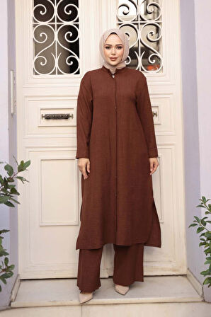 Düğmeli Kahverengi Tesettür Üçlü Takım 76591KH