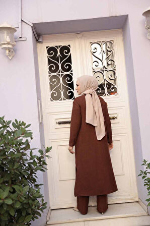 Düğmeli Kahverengi Tesettür Üçlü Takım 76591KH
