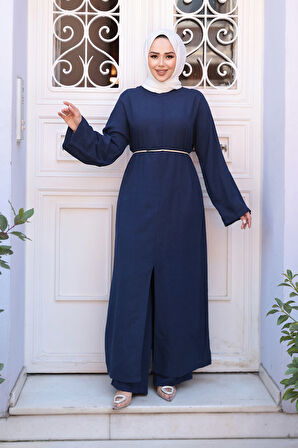 Yırtmaç Detaylı Lacivert Tesettür İkili Takım 7669L