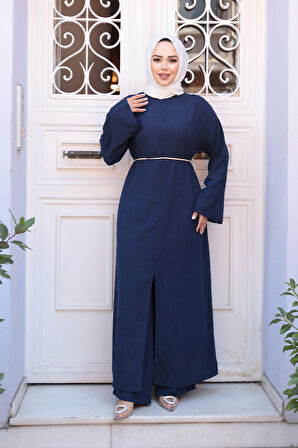 Yırtmaç Detaylı Lacivert Tesettür İkili Takım 7669L