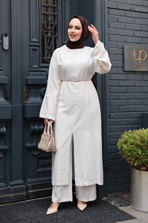Yırtmaç Detaylı Beyaz Tesettür İkili Takım 7669B