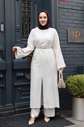 Yırtmaç Detaylı Beyaz Tesettür İkili Takım 7669B