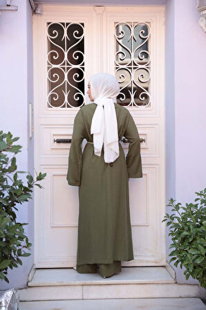 Yırtmaç Detaylı Haki Tesettür İkili Takım 7669HK