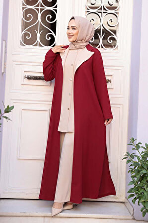 Düğmeli Bordo Tesettür Üçlü Takım 76221BR