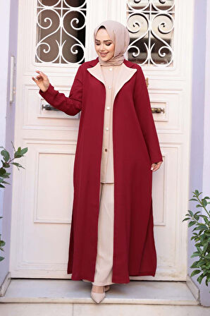 Düğmeli Bordo Tesettür Üçlü Takım 76221BR