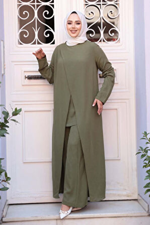 Asimetrik Detaylı Haki Tesettür İkili Takım 76471HK