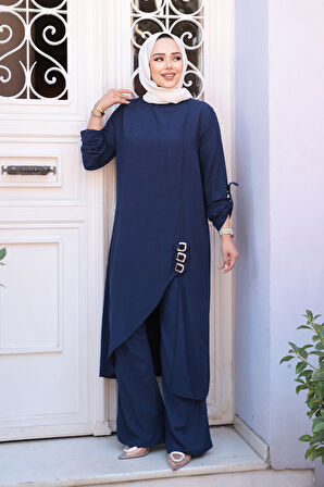 Asimetrik Detaylı Lacivert Tesettür İkili Takım 7656L