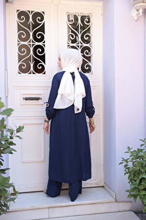 Asimetrik Detaylı Lacivert Tesettür İkili Takım 7656L