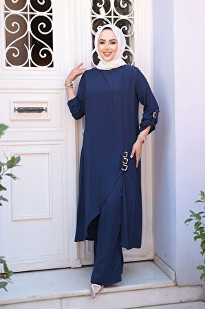 Asimetrik Detaylı Lacivert Tesettür İkili Takım 7656L