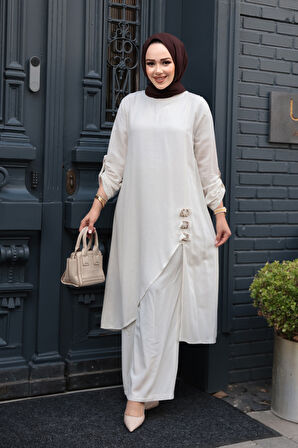 Asimetrik Detaylı Ekru Tesettür İkili Takım 7656E