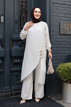Asimetrik Detaylı Ekru Tesettür İkili Takım 7656E