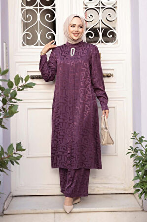 Jakarlı Mürdüm Tesettür İkili Takım 76671MU