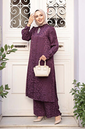 Jakarlı Mürdüm Tesettür İkili Takım 76671MU