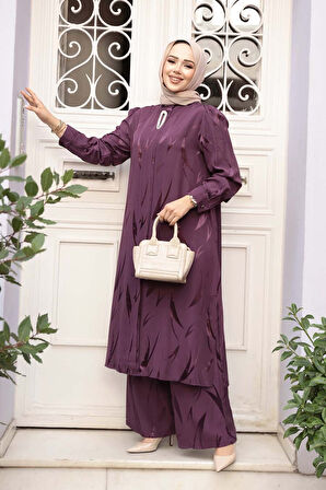 Jakarlı Mürdüm Tesettür İkili Takım 76672MU