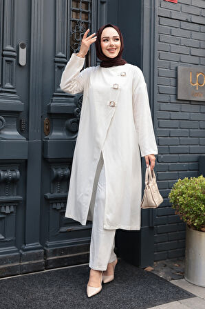 Toka Detaylı Ekru Tesettür İkili Takım 7675E