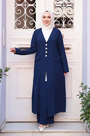 Ceketli Lacivert Tesettür Üçlü Takım 7678L