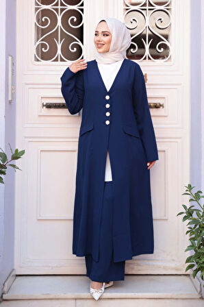 Ceketli Lacivert Tesettür Üçlü Takım 7678L