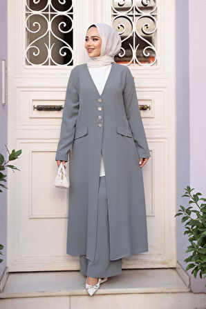Ceketli Gri Tesettür Üçlü Takım 7678GR