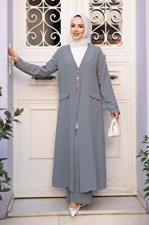 Ceketli Gri Tesettür Üçlü Takım 7678GR