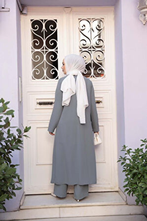 Ceketli Gri Tesettür Üçlü Takım 7678GR