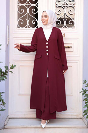 Ceketli Bordo Tesettür Üçlü Takım 7678BR