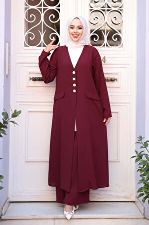Ceketli Bordo Tesettür Üçlü Takım 7678BR