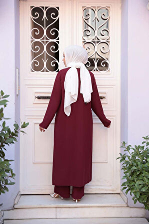 Ceketli Bordo Tesettür Üçlü Takım 7678BR
