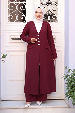 Ceketli Bordo Tesettür Üçlü Takım 7678BR
