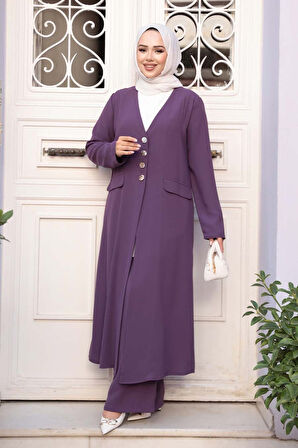 Ceketli Lila Tesettür Üçlü Takım 7678LILA