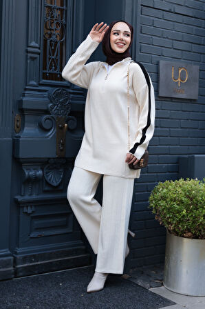 Krem Tesettür Triko İkili Takım 50163KR