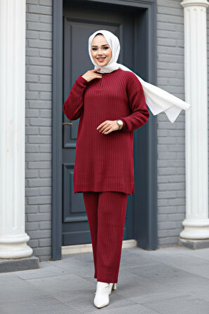 Fitilli Bordo Tesettür Triko İkili Takım 60381BR