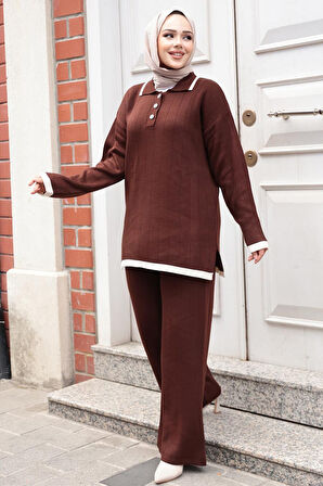 Kahverengi Tesettür Triko İkili Takım 17204KH
