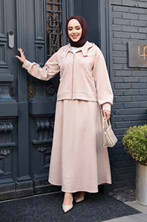 Düğme Detaylı Bej Tesettür İkili Takım 56781BEJ