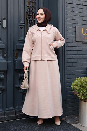 Düğme Detaylı Bej Tesettür İkili Takım 56781BEJ