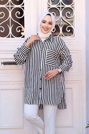 Çizgili Siyah Tesettür Gömlek 10469S