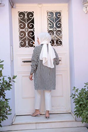 Çizgili Siyah Tesettür Gömlek 10469S